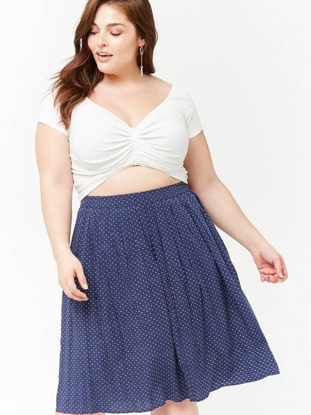 Forever 21+ Plus Size Navy White Polka Dot Pleated Skirt 2X